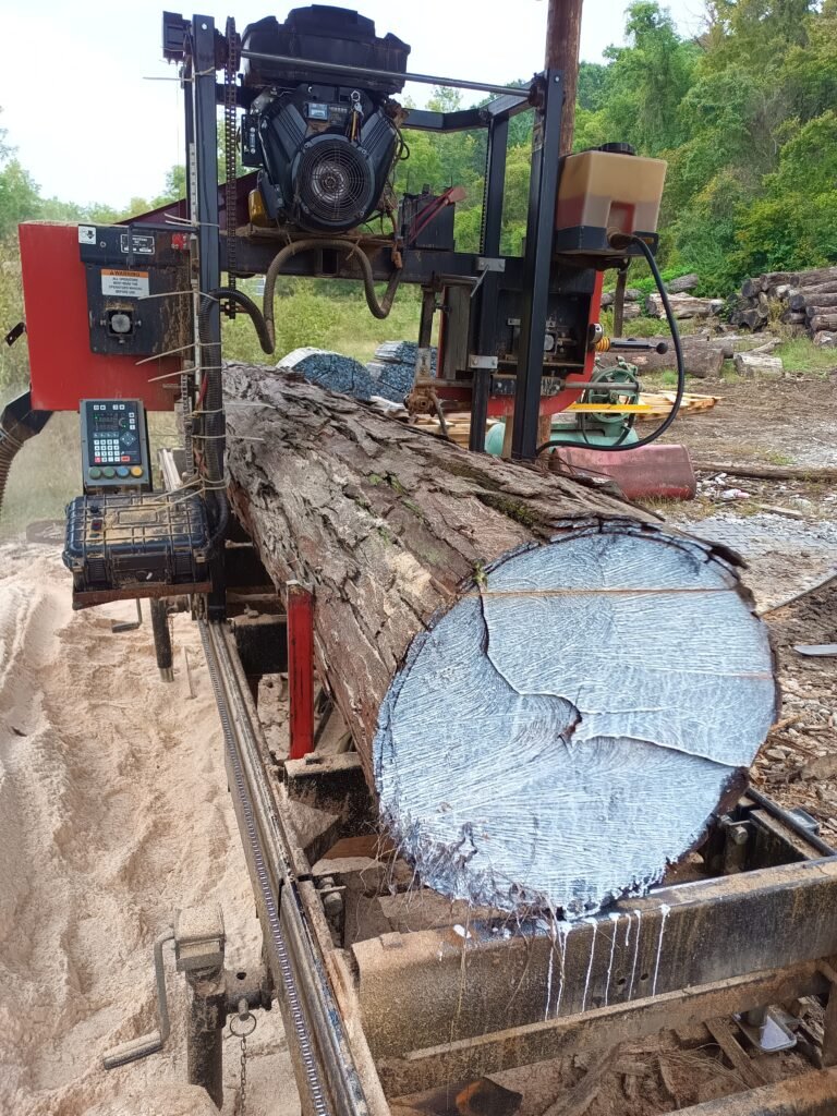 Log with sealed ends loaded on the sawmill